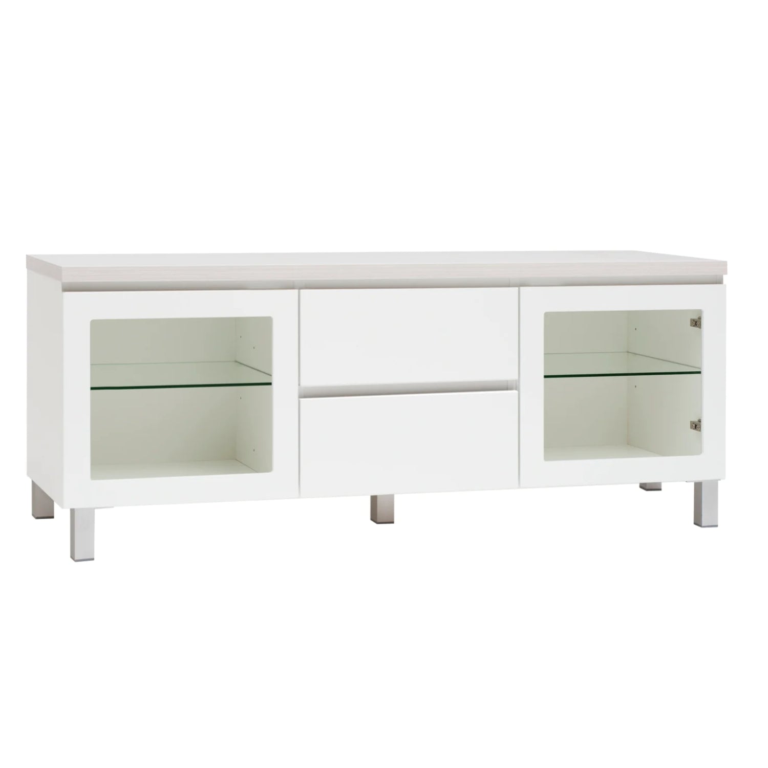 Kuvassa on 137 cm leveä valkoinen Viiva-sarjan tv-taso valkosaarninvärisellä kannella ja hopeanvärisillä alumiinijaloilla.