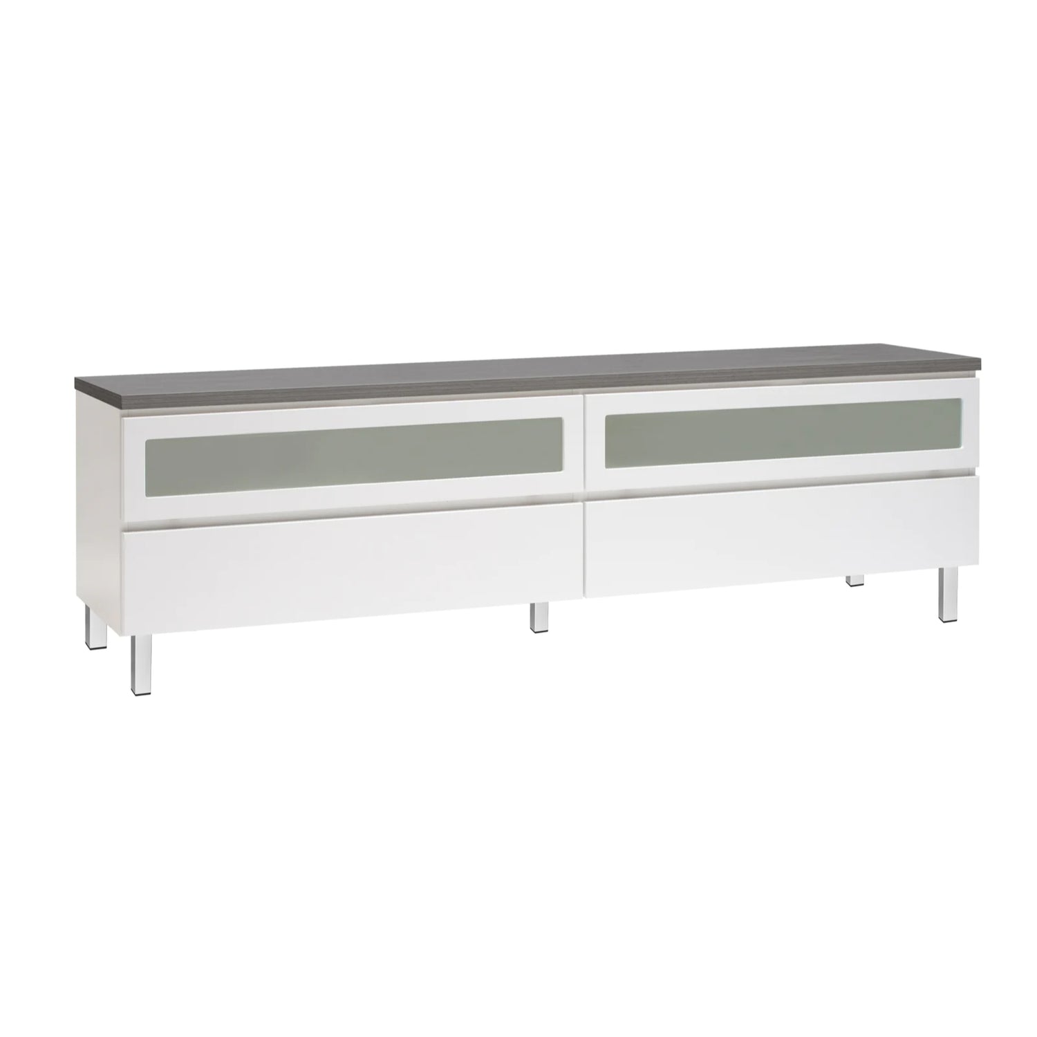 Kuvassa on 184 cm leveä valkoinen Viiva-sarjan tv-taso antrasiitinvärisellä kansilevyllä ja valkoisilla metallijaloilla.