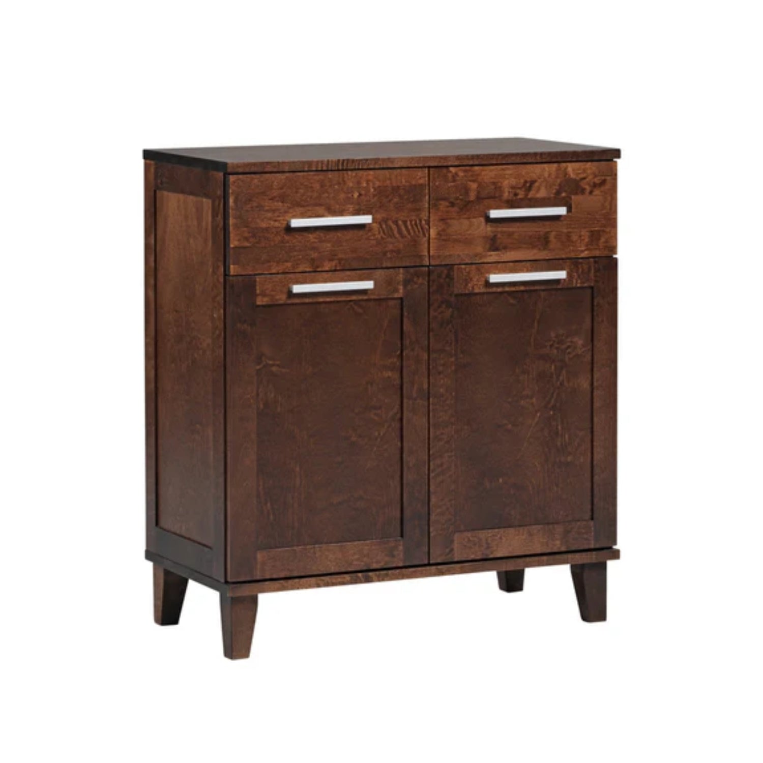 Vuokatti-senkki on tumman pähkinänvärinen peilisivuilla. Senkissä on pitkänmalliset vetimet ja puujalat.