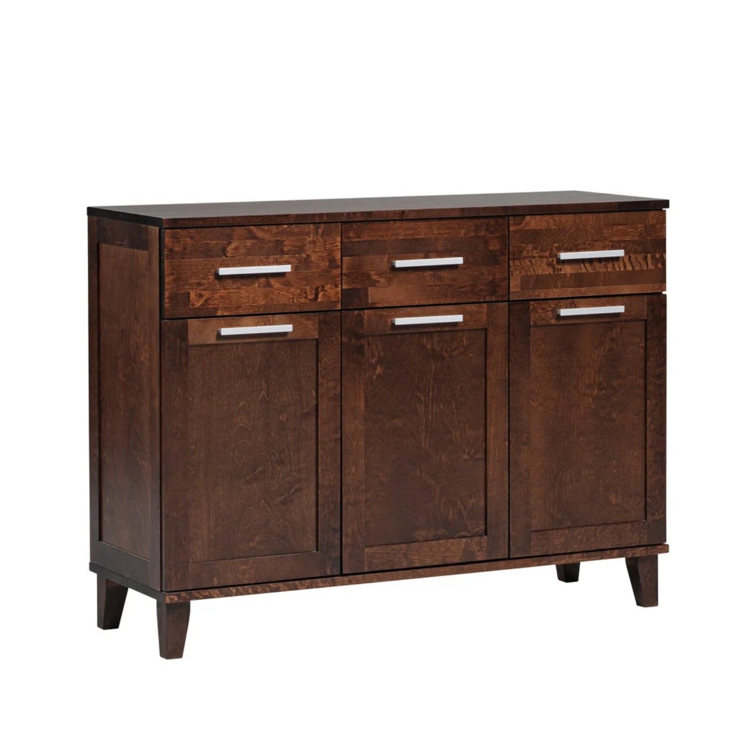 Vuokatti-senkki tumman pähkinänvärisenä peilipuusivuilla. Senkissä on pitkänmalliset vetimet ja puujalat.