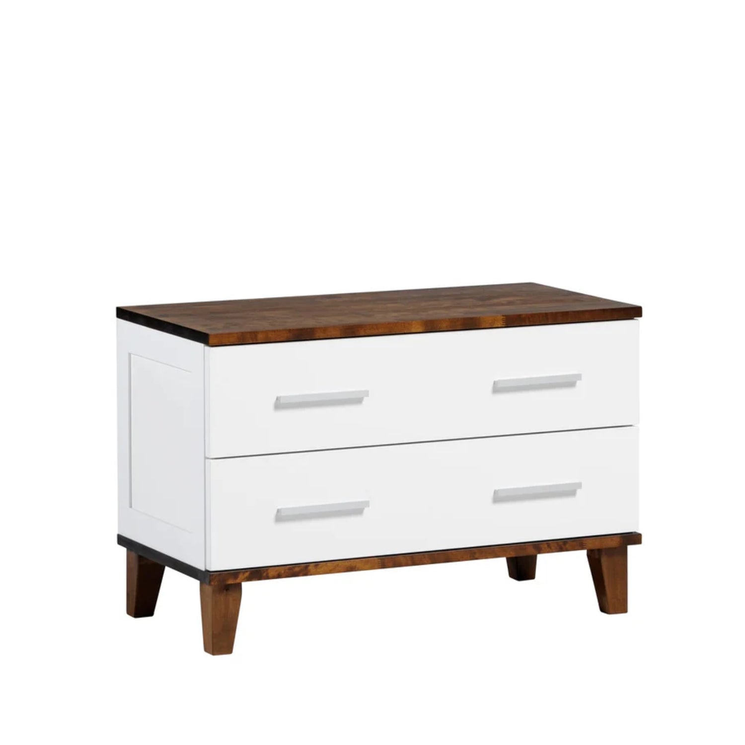 Kapean Vuokatti-tason pääväri on valkoinen peilisivuilla, kansi ja jalkaosa ovat tumman pähkinänväriset. Tasossa on pitkänmalliset vetimet ja puujalat.