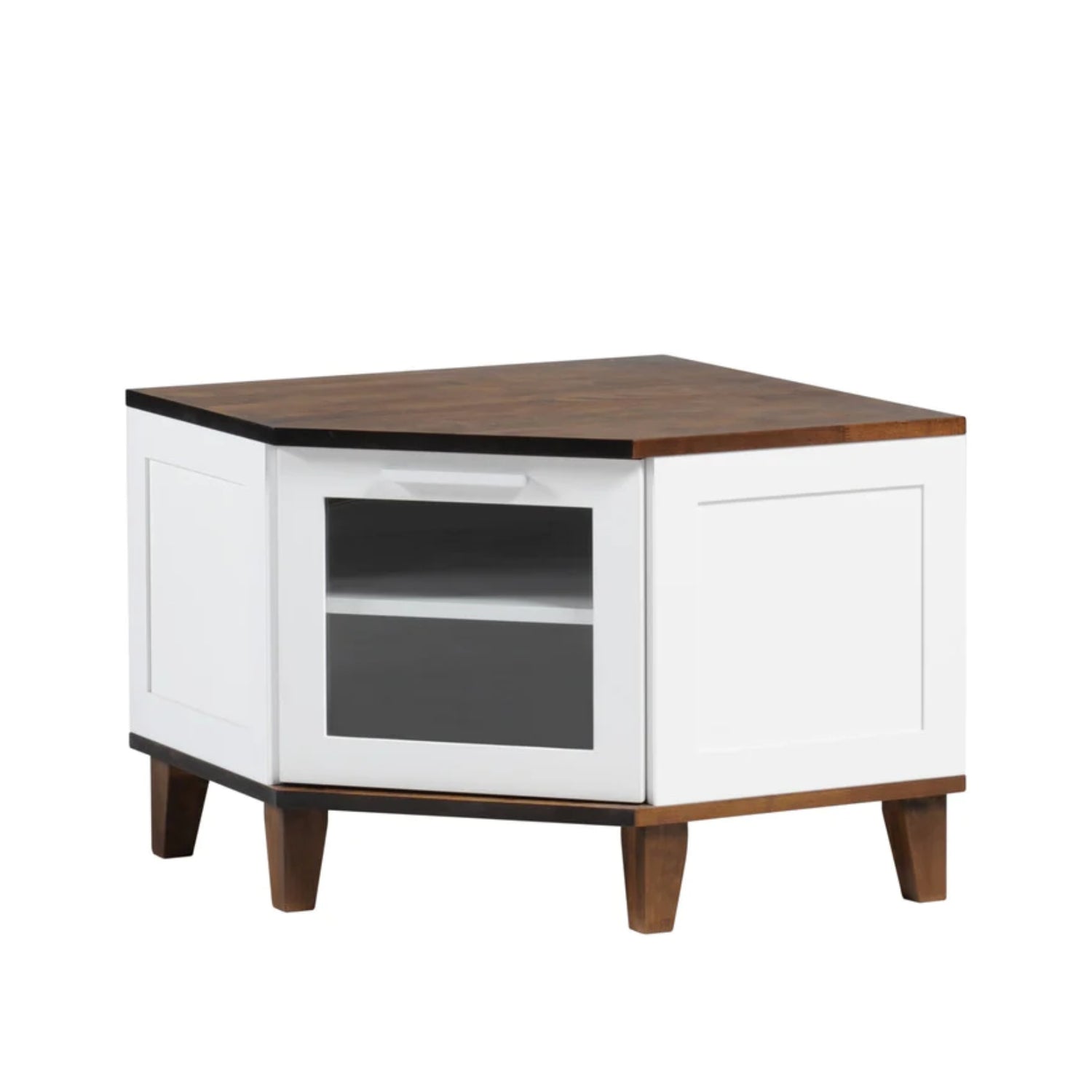 Vuokatti-tason pääväri on valkoinen peilipuusivuilla, kansi ja jalkaosa ovat pähkinänväriset. Lasiovessa on pitkänmallinen vedin ja puujalat.