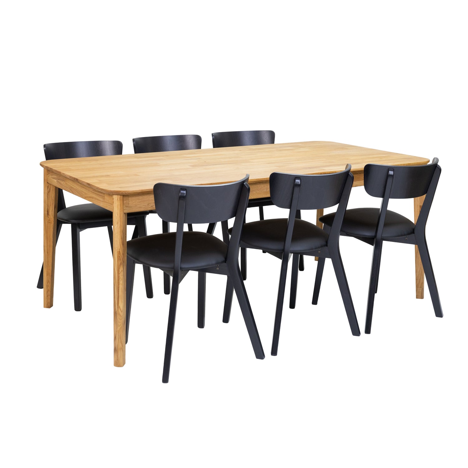 Luonnonvärinen Vera-tammipöytä ja mustat tammirunkoiset Vera-taivutetuolit keinonahkaistuimella