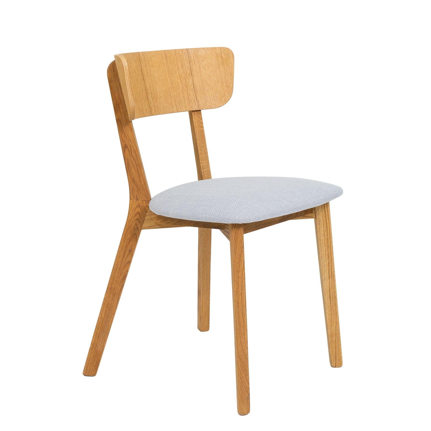 Vera-taivutetuoli luonnonvärisellä tammirungolla ja vaaleanharmaalla kangasistuimella.