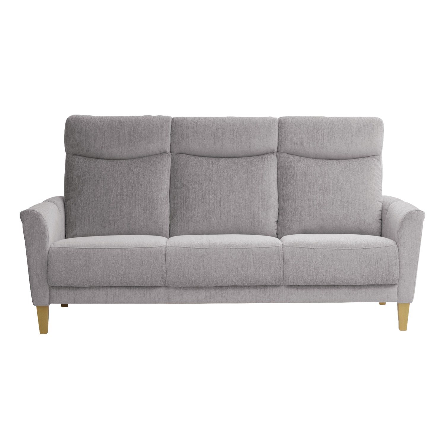 Vilja-3 istuttava sohva harmaalla AquaClean Madras 300 -kangasverhoilulla ja luonnonvärisillä puujaloilla.