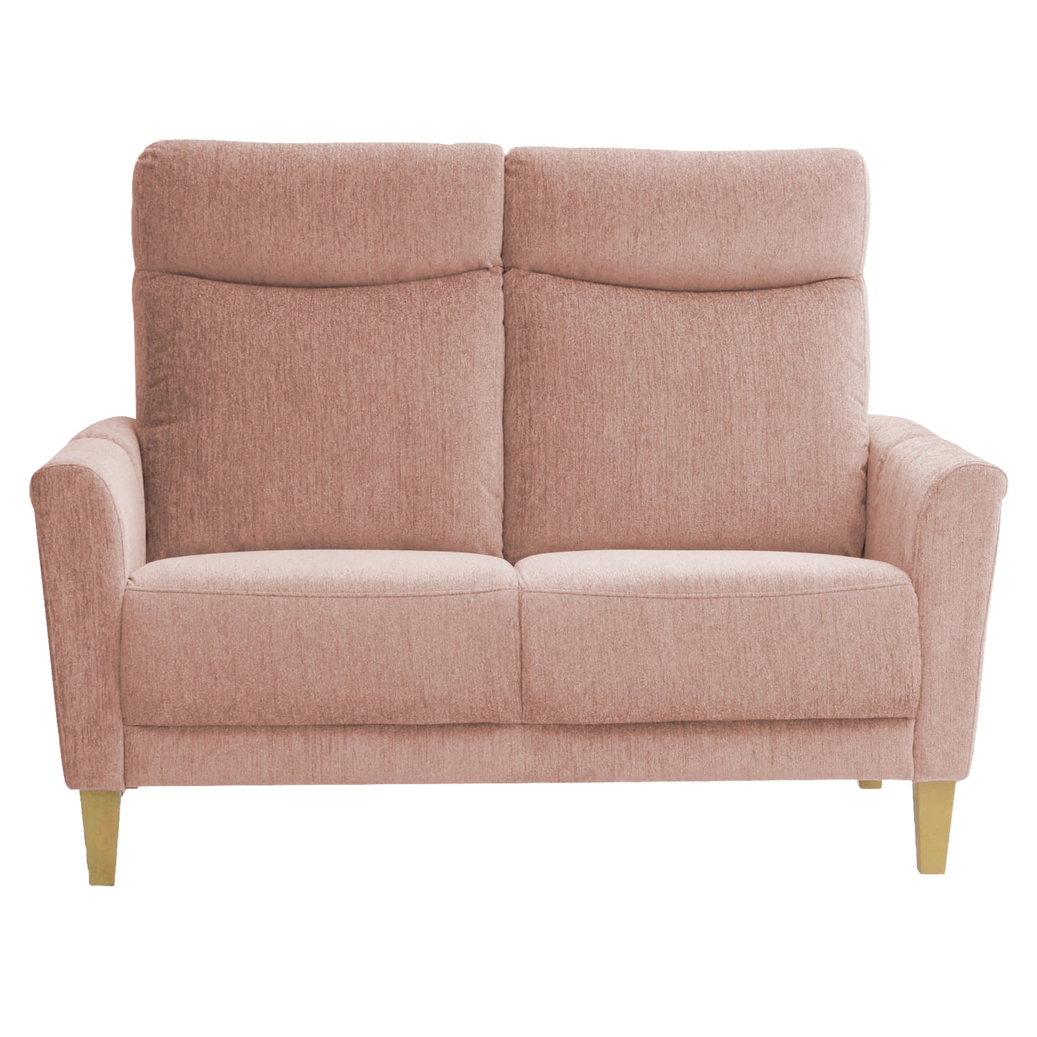 Vilja-2 istuttava sohva roosan värisellä AquaClean Madras 503 -kangasverhoilulla ja luonnonvärisillä puujaloilla.