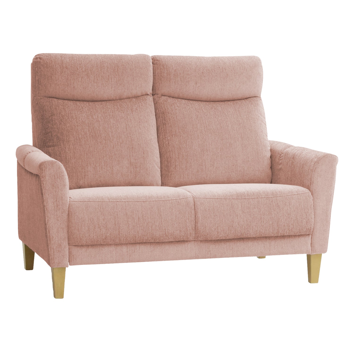 Vilja-2 istuttava sohva roosan värisellä AquaClean Madras 503 -kangasverhoilulla ja luonnonvärisillä puujaloilla.