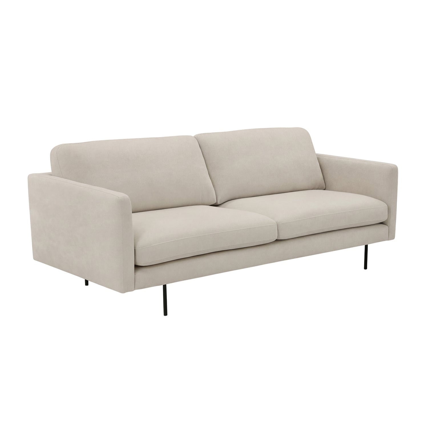 3-istuttava Ystad-sohva vaalealla Cloud 02 -kangasverhoilulla ja mustilla metallisilla jaloilla.