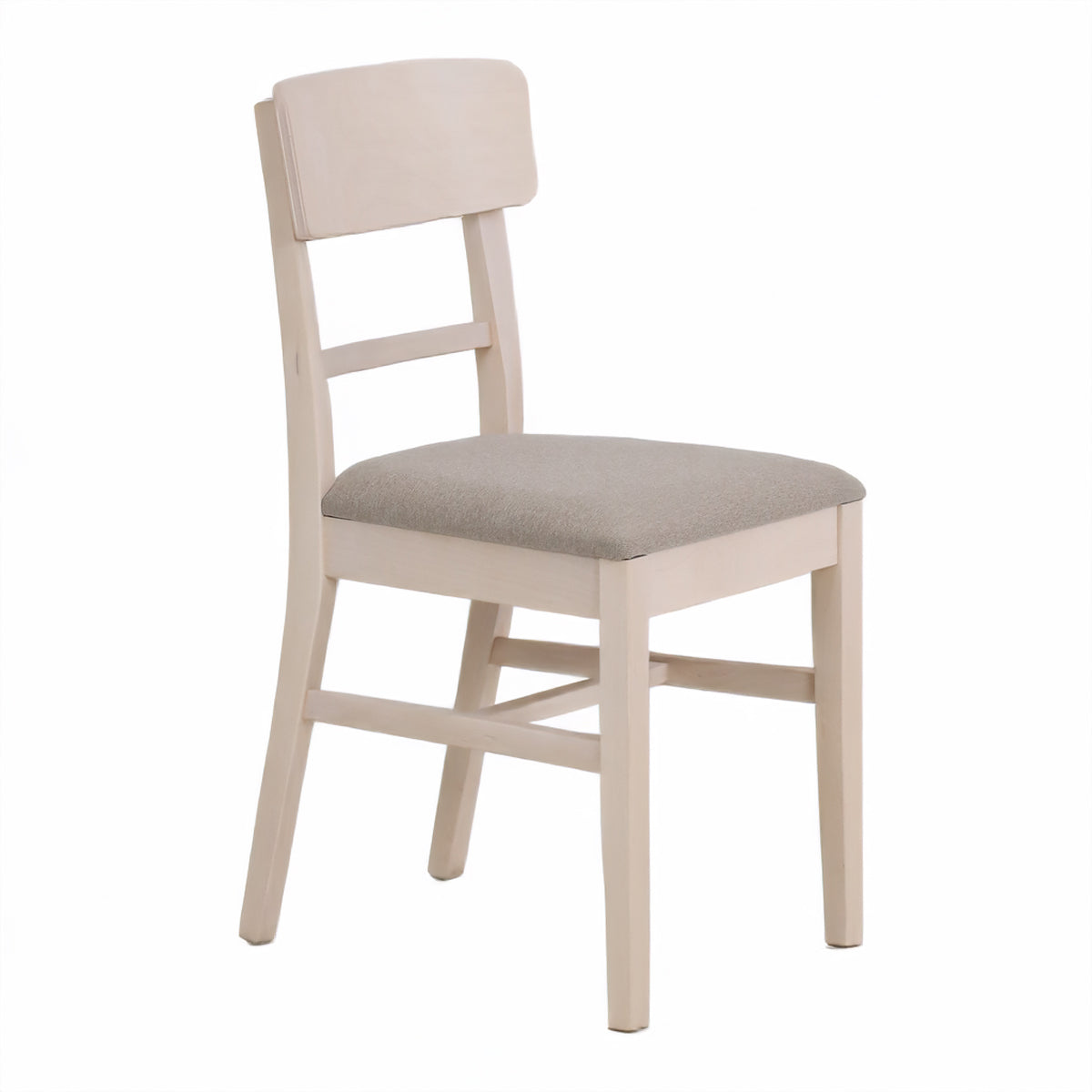 Ruokaryhmän kuultovalkoinen Ystad-tuoli kangasverhoiltuna istuinosaltaan beigellä Eternal 349-kankaalla.