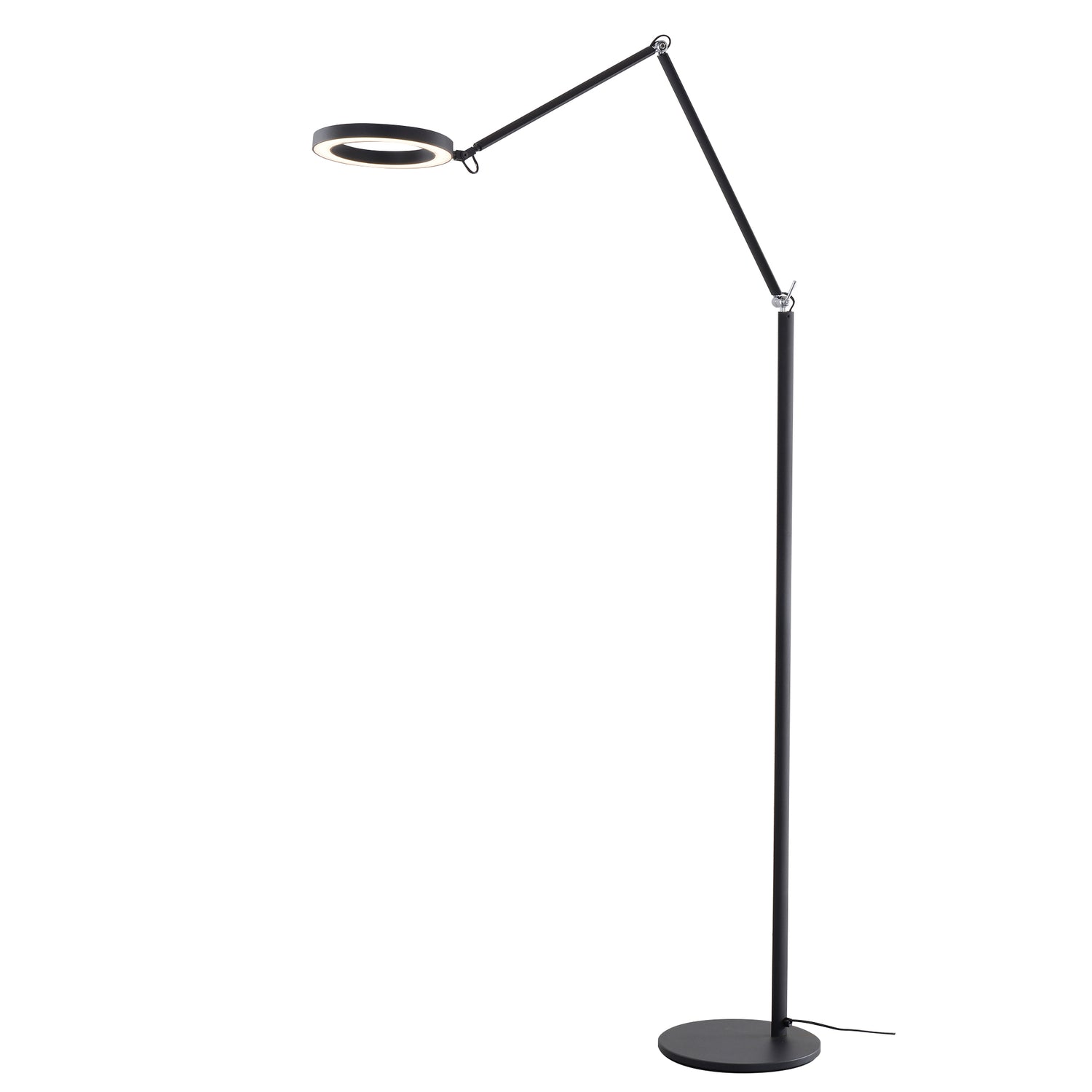 Halo LED-lattiavalaisin mattamustana. Valaisimen korkeuden säätövara on 130 - 240 cm ja syvyyden 28 - 120 cm.