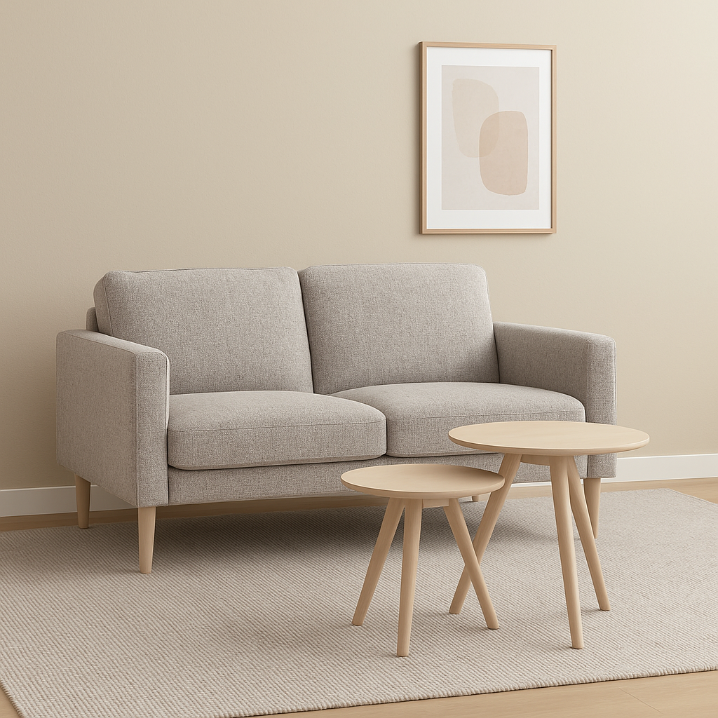 Kuvassa on Ilona 2-istuttava hiekanvärisellä Altamura 124 -kankaalla ja luonnonvärisillä 18 cm korkeilla pyöreäkartiojaloilla. Kuvan sohvassa on 10 cm leveät KN10-käsinojat. Stailattu visualisointi.