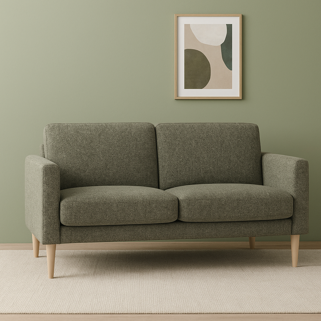 Kuvassa on Ilona 2-istuttava vihreällä Altamura 407 -kankaalla ja luonnonvärisillä 18 cm korkeilla pyöreäkartiojaloilla. Kuvan sohvassa on 10 cm leveät KN10-käsinojat. Stailattu visualisointi.