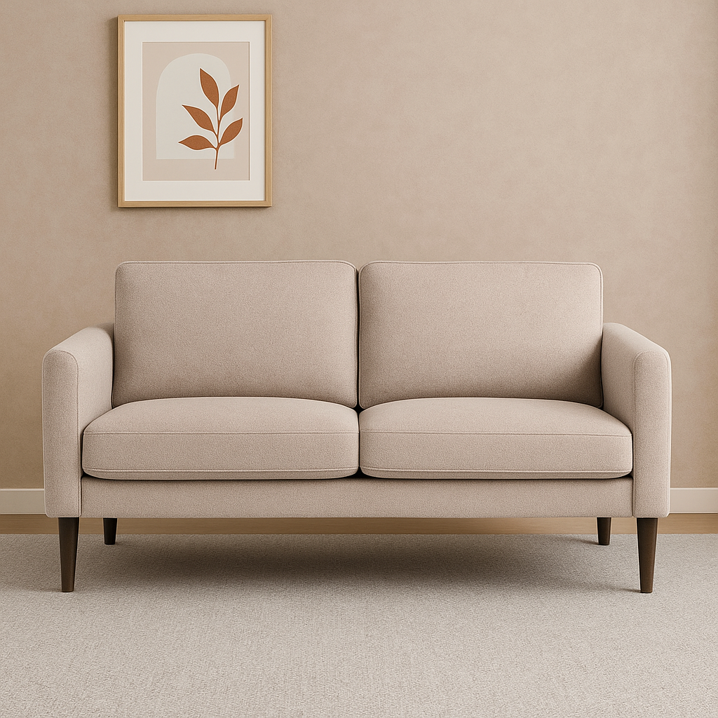 Kuvassa on Ilona 2-istuttava sohva vaalealla hiekanvärisellä Barcelona 10 -kankaalla ja wengen värisillä 18 cm korkeilla pyöreäkartiojaloilla. Kuvan sohvassa on 10 cm leveät KN10-käsinojat. Stailattu visualisointi.