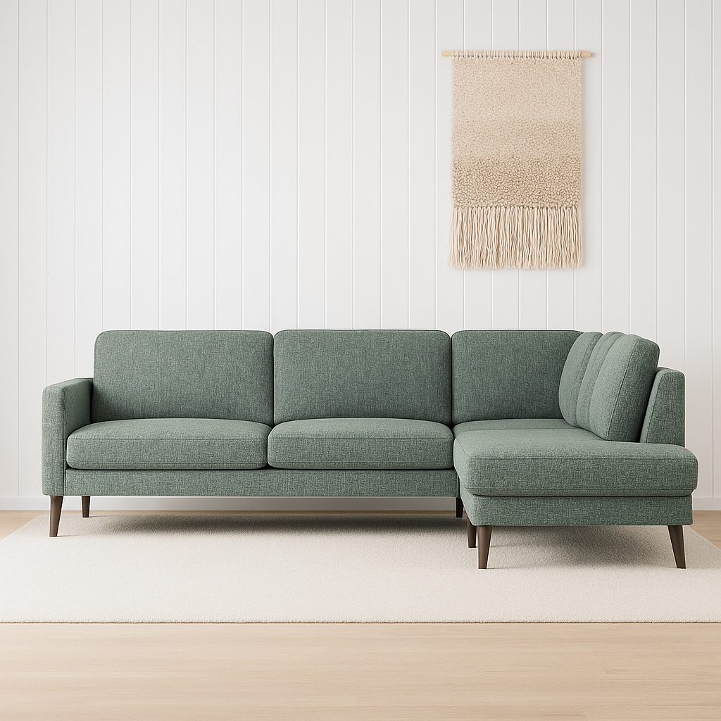 Ilona -kulmadivaanisohva tummanvihreällä Laviano 395 -kankaalla ja vinoilla 18 cm korkeilla wengenvärisillä pyöreäkartio-puujaloilla. Kuvan sohvassa on 10 cm leveä KN-käsinoja. Stailattu visualisointi.