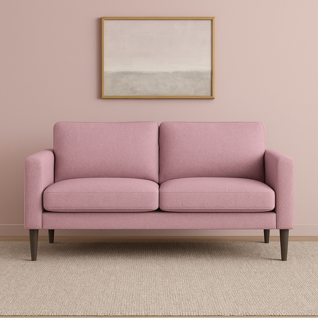 Kuvassa on Ilona 2-istuttava sohva vaaleanpunaisella Naomi 324 -kankaalla ja wengen värisillä 18 cm korkeilla pyöreäkartiojaloilla. Kuvan sohvassa on 10 cm leveät KN10-käsinojat. Stailattu visualisointi.