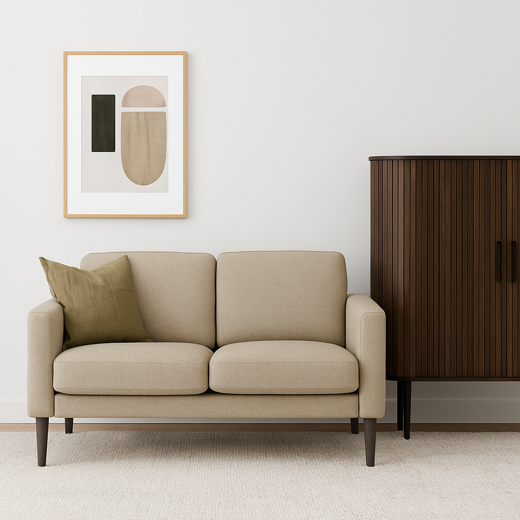 Kuvassa on Ilona 2-istuttava sohva tumman hiekanvärisellä Naomi 430 -kankaalla ja wengen värisillä 18 cm korkeilla pyöreäkartiojaloilla. Kuvan sohvassa on 10 cm leveät KN10-käsinojat. Stailattu visualisointi.