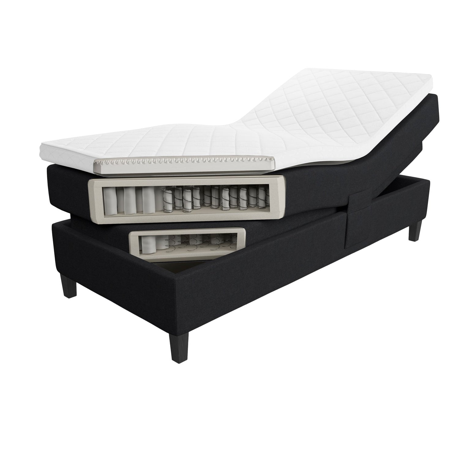 Jensen Opal -moottorisängyn läpileikkauskuva. Kuvassa näkyy Sleep 1 -sijauspatja, vyöhykkeisiin jaettu Jensen Aloy® 2.1 -pussijousitus yläjousisistossa, Jensen Reflect -pussijousitus alajousistossa, sekä puurunko.