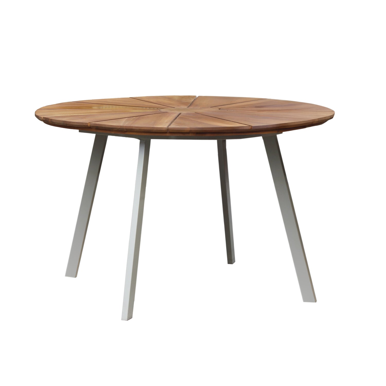 Kuvassa on pyöreä Kesähelmi-pöytä 120 cm. Pöydän akaasiapuinen luonnonvärinen kansi koostuu 12 säleestä ja pöydässä on beiget metallijalat. Luonnonmateriaalia olevan puukannen väri voi poiketa kuvasta.