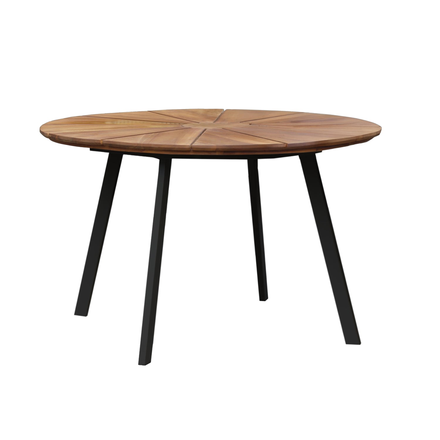 Pyöreä Kesähelmi-pöytä 120 cm. Luonnonvärinen akaasiapuukansi koostuu 12 säleestä ja pöydässä on mustat metallijalat. Luonnonmateriaalia olevan puukannen väri voi poiketa kuvasta.