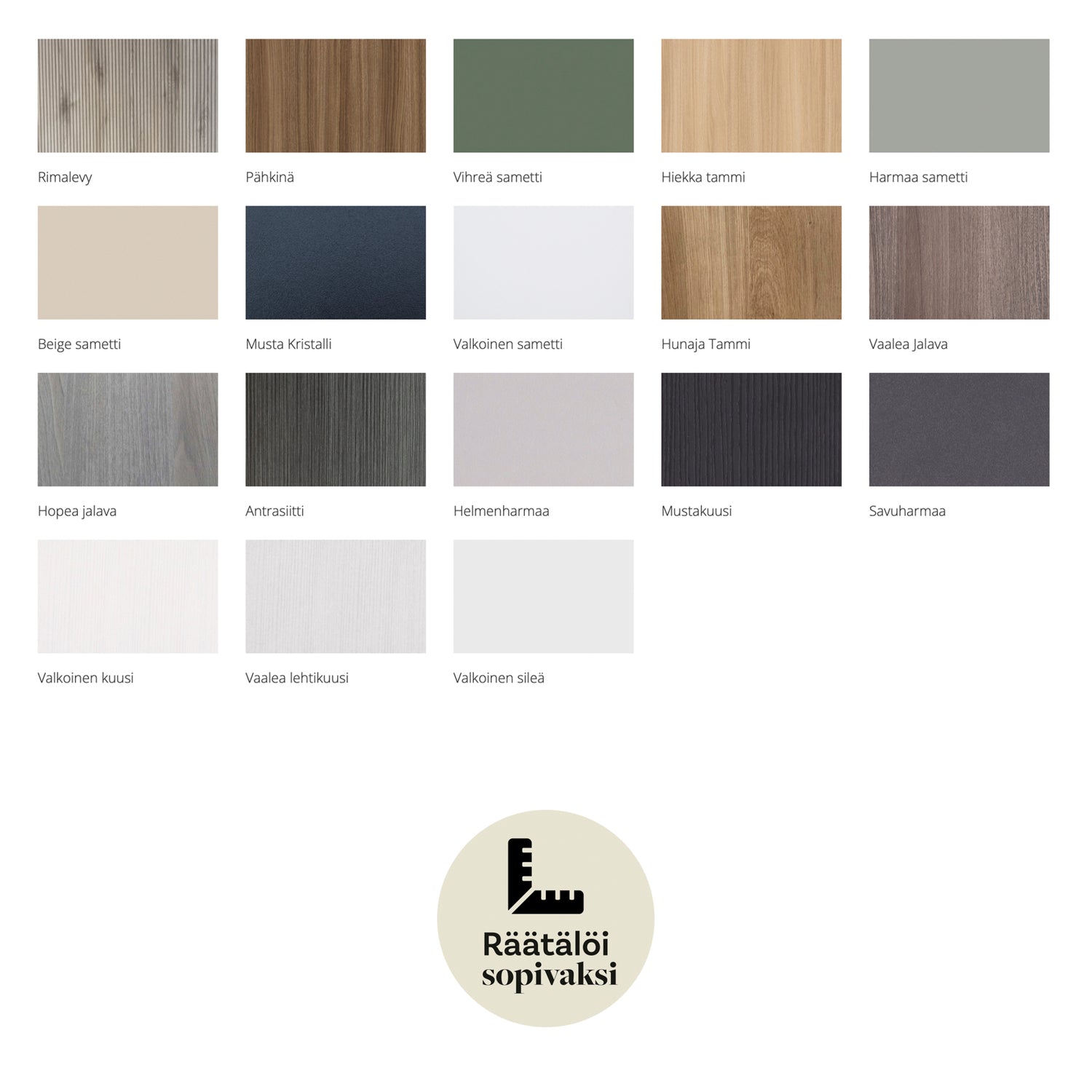 Lakeus Design -kaappien runkoon ja oviin saatavilla olevat värivaihtoehdot.