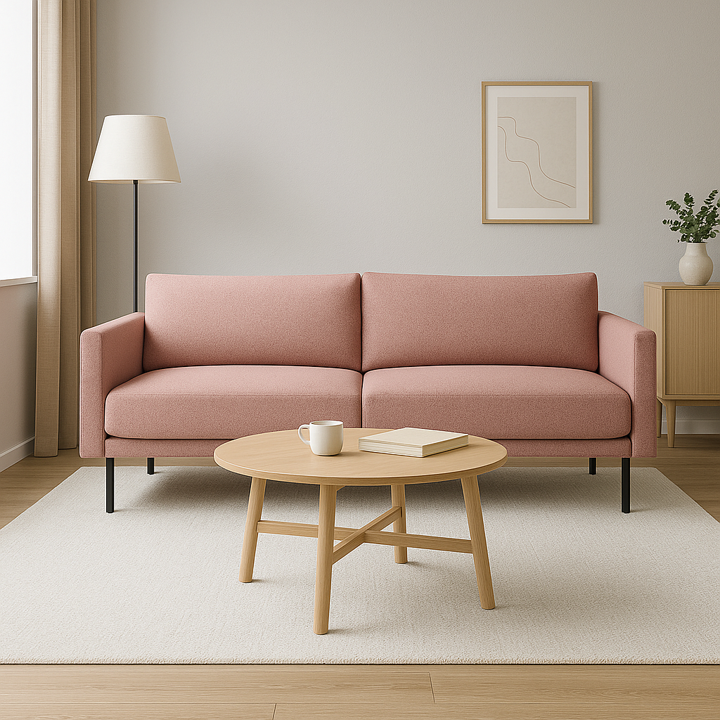 3-istuttava Malmö-sohva roosan värisellä Melody 170 -kankaalla verhoiltuna. Sohvassa on mustat 21 cm korkeat metallijalat. Stailattu visualisointi.