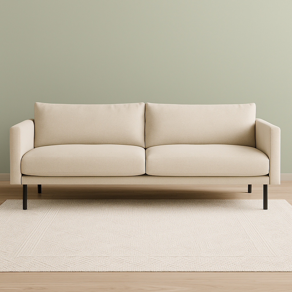 Malmö sohva beigellä Modena-kankaalla. Stailattu visualisointi.