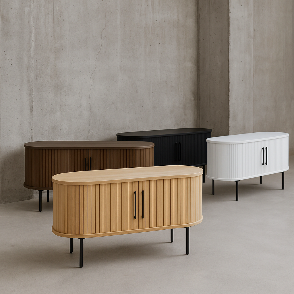 Nola tv-taso on saatavilla neljässä eri värissä. Tammi, savutammi, musta ja valkoinen. Stailattu visualisointi.