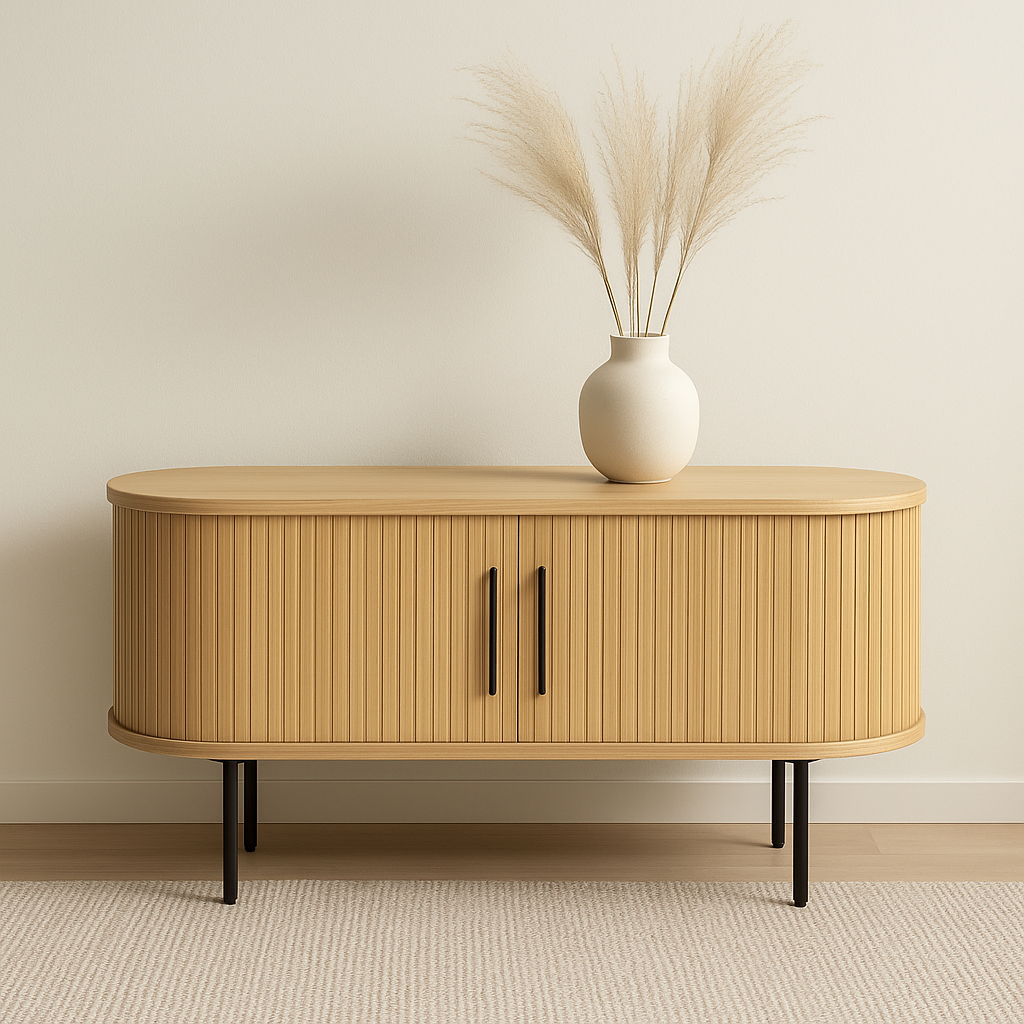 Kuvassa on ovaalinmuotoinen Nola-tv-taso 120 cm, tammenvärinen. Tasossa on mustat metalliset vetimet liukuovissa ja mustat säädettävät metallijalat. Stailattu visualisointi.