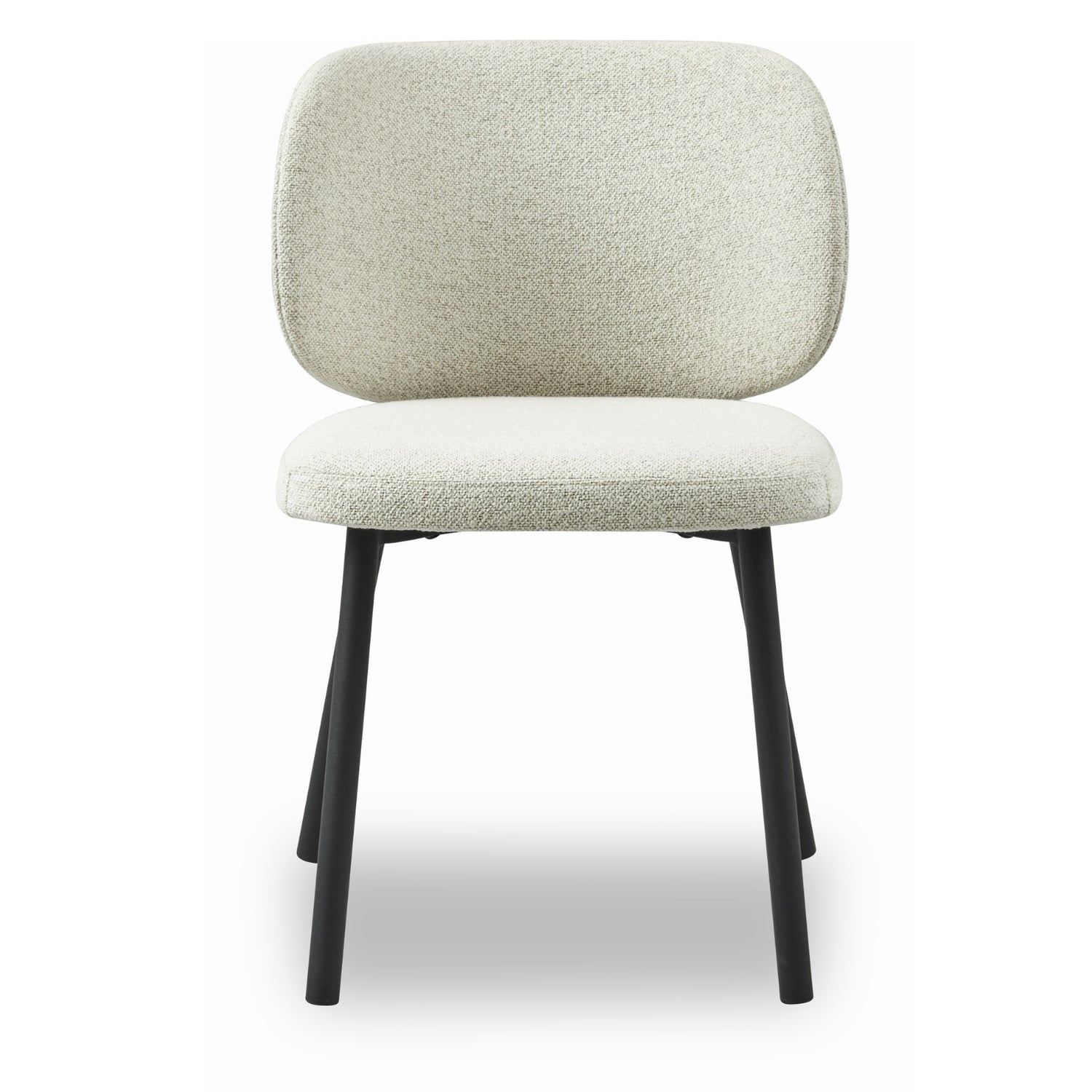 Swan-tuoli luononvalkoisella Boucle-kankaalla ja mustilla metallijaloilla.