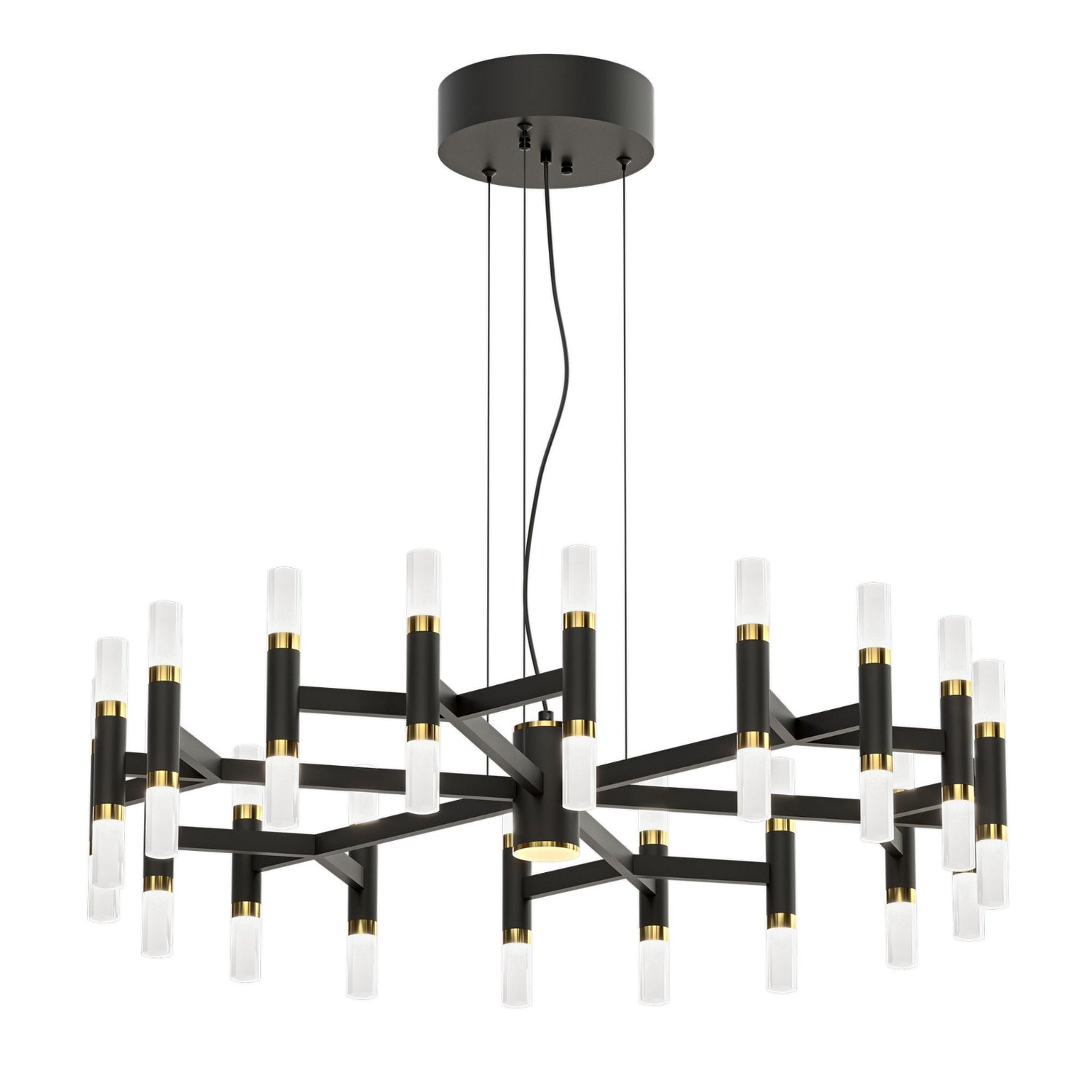 Tribute-kattovalaisin mattamustalla rungolla, ylellisillä messinkiyksityiskohdilla ja eleganteilla opaalivalkoisilla valaisinputkilla. Kattokruunu on TRIAC-himmennettävä.