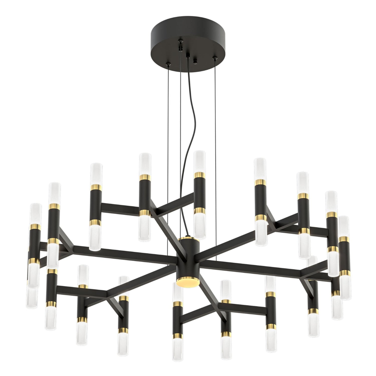 Tribute-kattovalaisin mattamustalla rungolla, ylellisillä messinkiyksityiskohdilla ja eleganteilla opaalivalkoisilla valaisinputkilla. Kattokruunu on TRIAC-himmennettävä.