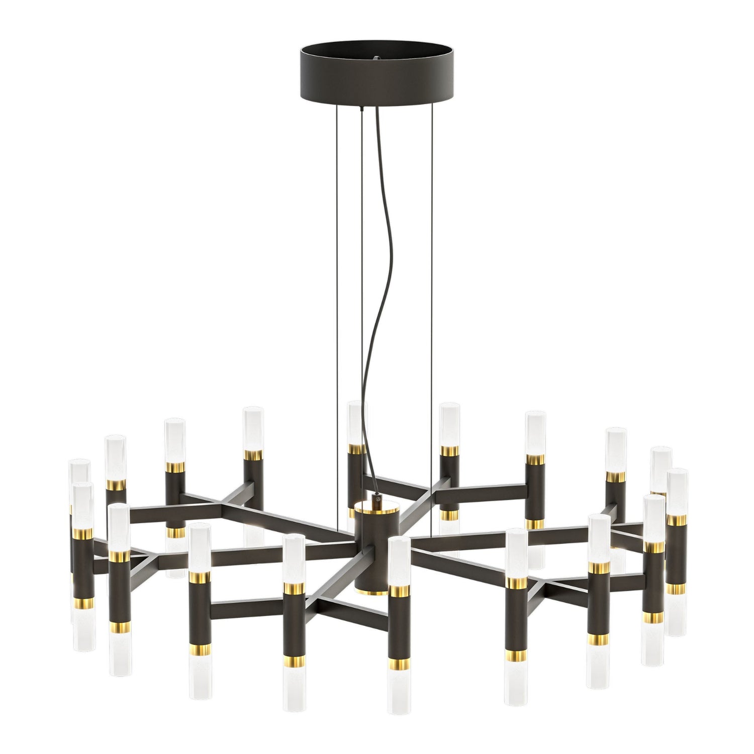 Tribute-kattovalaisin mattamustalla rungolla, ylellisillä messinkiyksityiskohdilla ja eleganteilla opaalivalkoisilla valaisinputkilla. Kattokruunu on TRIAC-himmennettävä.