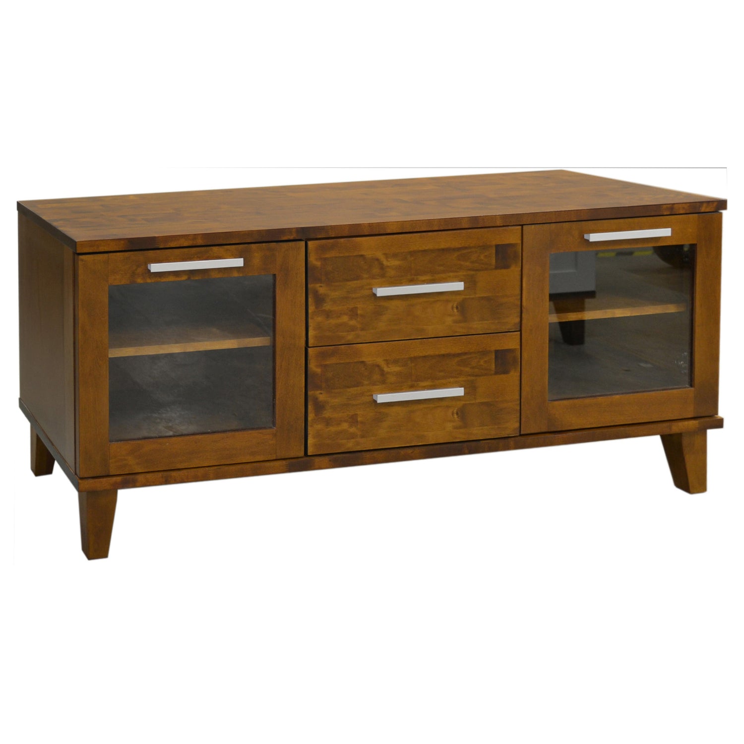 Pähkinänvärinen Vuokatti-tv-taso lasiovilla, puujaloilla ja pitkänmallisilla 1.vetimillä.