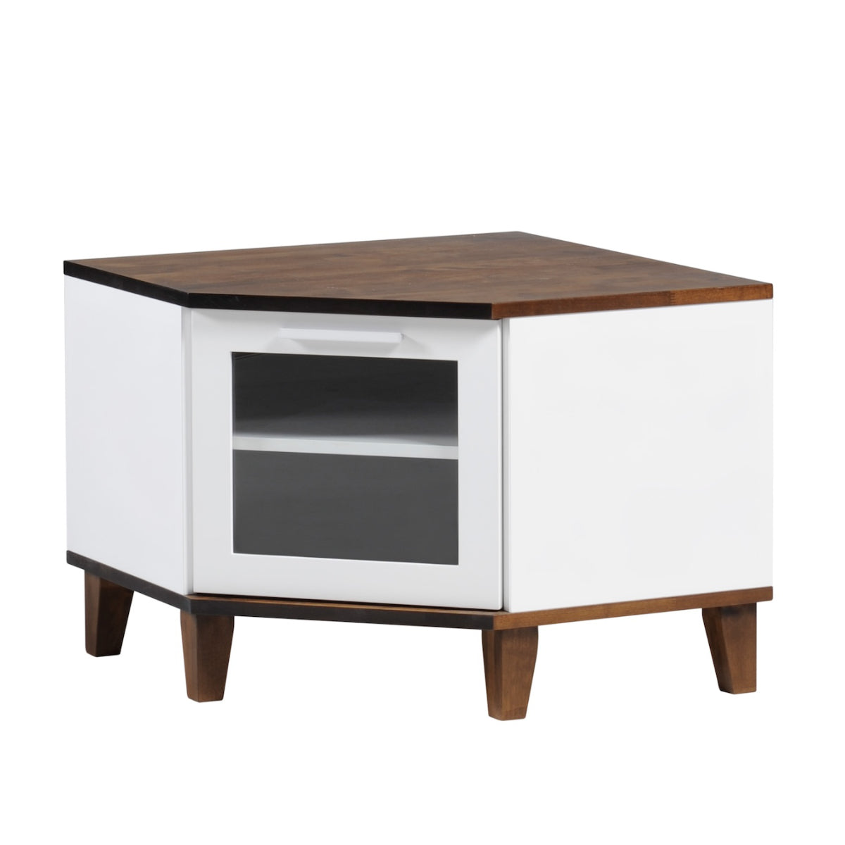 Vuokatti-tason pääväri on valkoinen, kansi ja jalkaosa ovat pähkinänväriset. Lasiovessa on pitkänmallinen vedin ja puujalat.