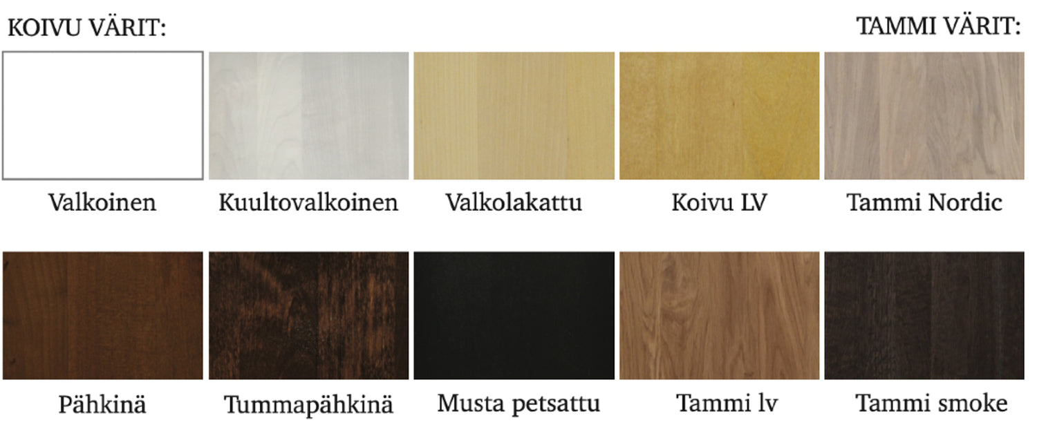 Kuvassa on 10 Vuokatti-sarjan vakioväriä, joita voit yhdistellä vapaasti sarjan kalusteiden eri osiin Stemma-myymälöissä. Näiden lisäksi valittavissa on useita eri tilausvärejä.