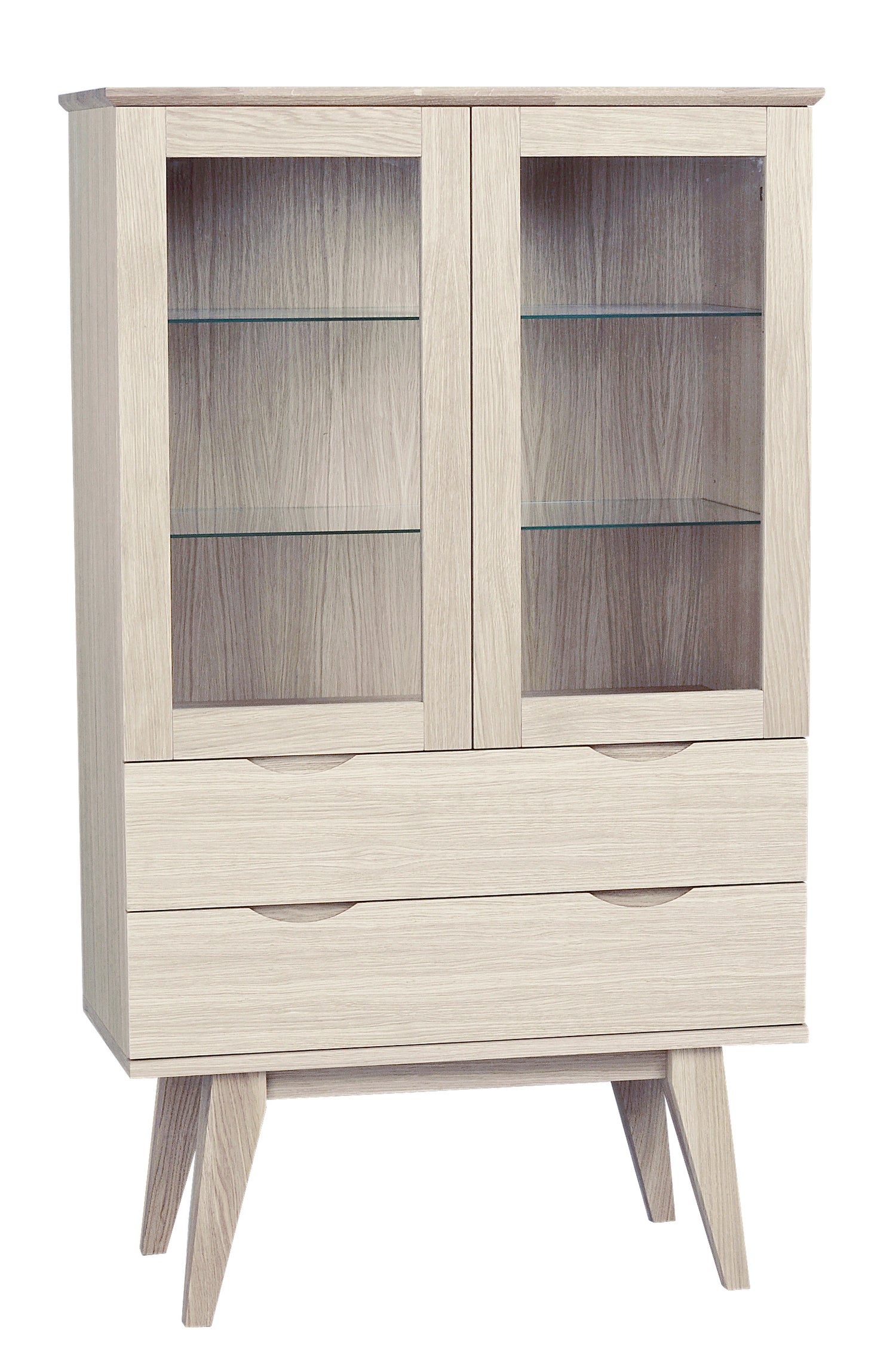 Valkotammenvärinen Filippa-vitriini korkeilla viistoilla jaloilla. Lasikaapissa on lasihyllyt ja lipasto-osassa leveät laatikot.