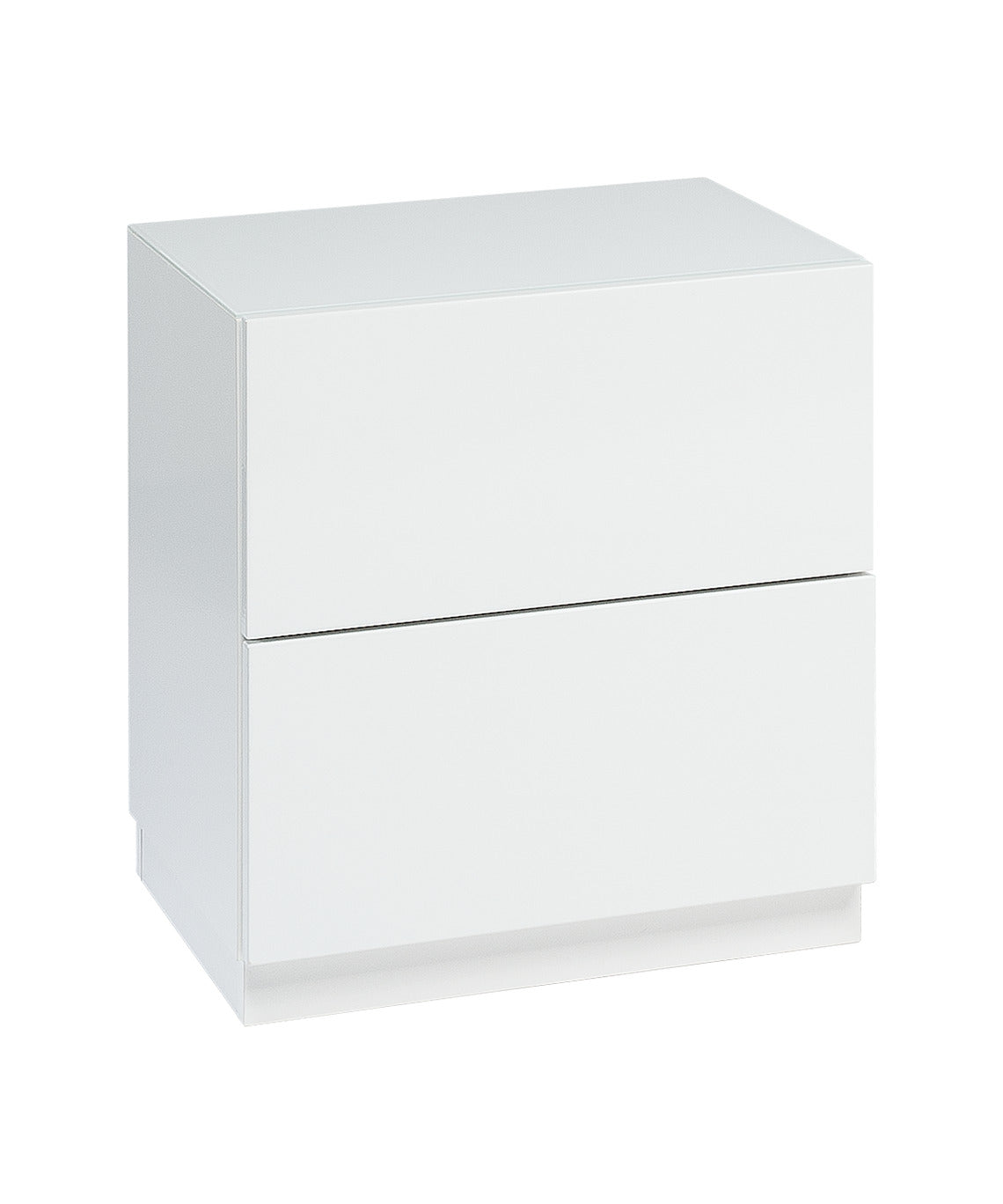 Kuvassa on 46 cm leveä korkeakiiltovalkoinen Lumo-lipasto valkoisella jalkasokkelilla. Sarjan tuotteissa on valkoinen lasikansi.