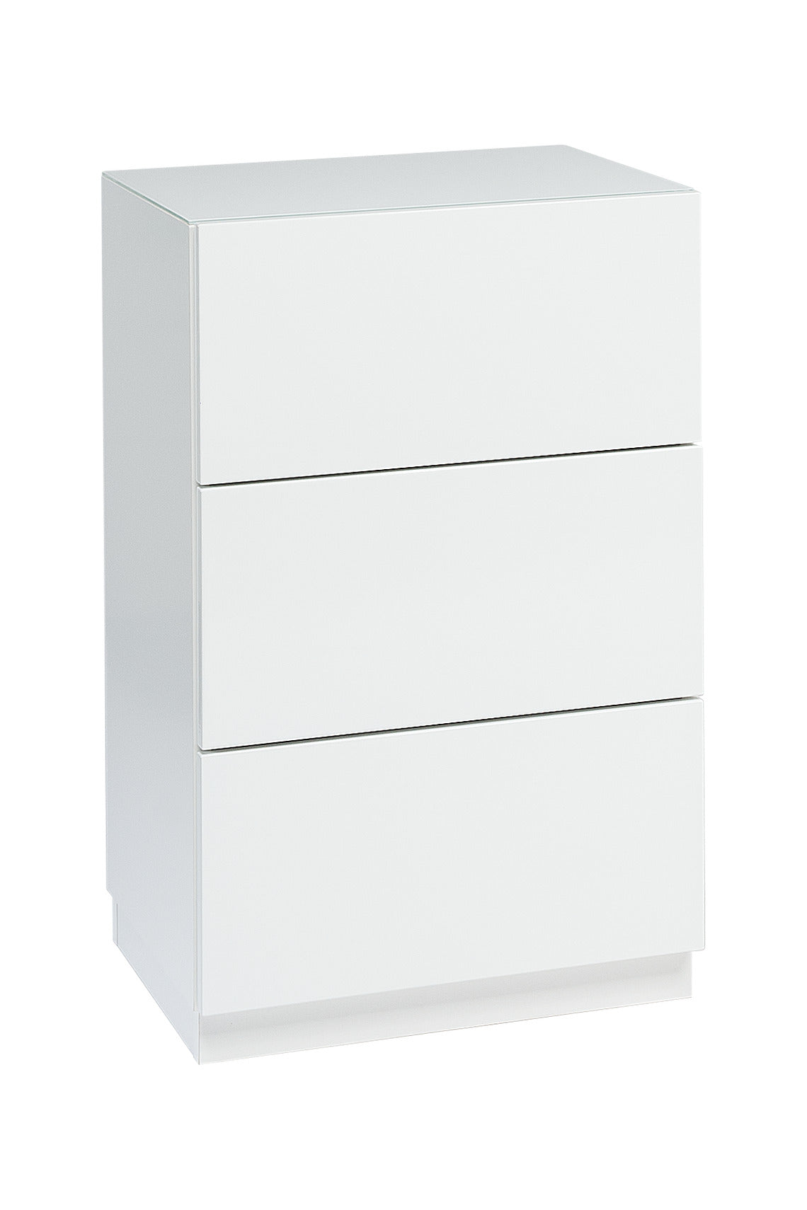 Kuvassa on 46 cm leveä korkeakiiltovalkoinen Lumo-lipasto valkoisella sokkelijalalla. Sarjan tuotteissa on valkoinen lasikansi.