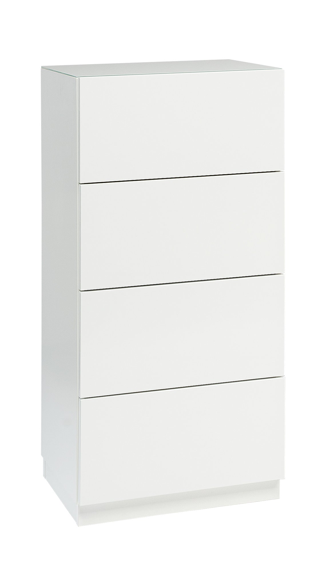 Kuvassa on 46 cm leveä korkeakiiltovalkoinen Lumo-lipasto valkoisella jalkasokkelilla. Sarjan tuotteissa on valkoinen lasikansi.