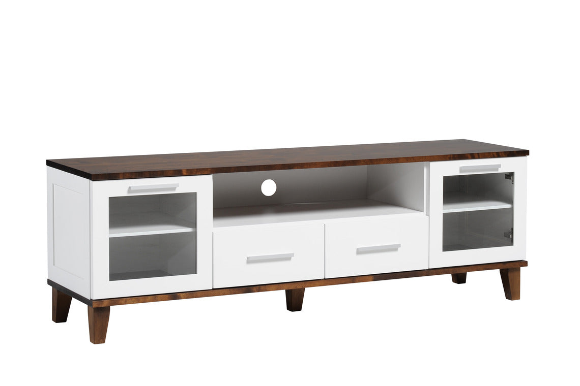 Vuokatti-tv-tason pääväri on valkoinen peilisivuilla ja kansi sekä jalkaosa ovat tumman pähkinänväriset. Kalusteen takaseinässä on läpivienti johtoja varten. Tasossa on pitkänmalliset vetimet ja puujalat.