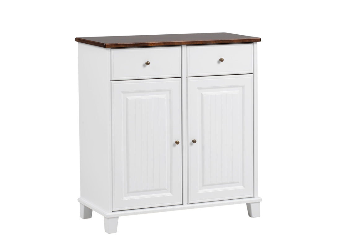 Valkoinen Aada-lipastokaappi pähkinänvärisellä kannella.