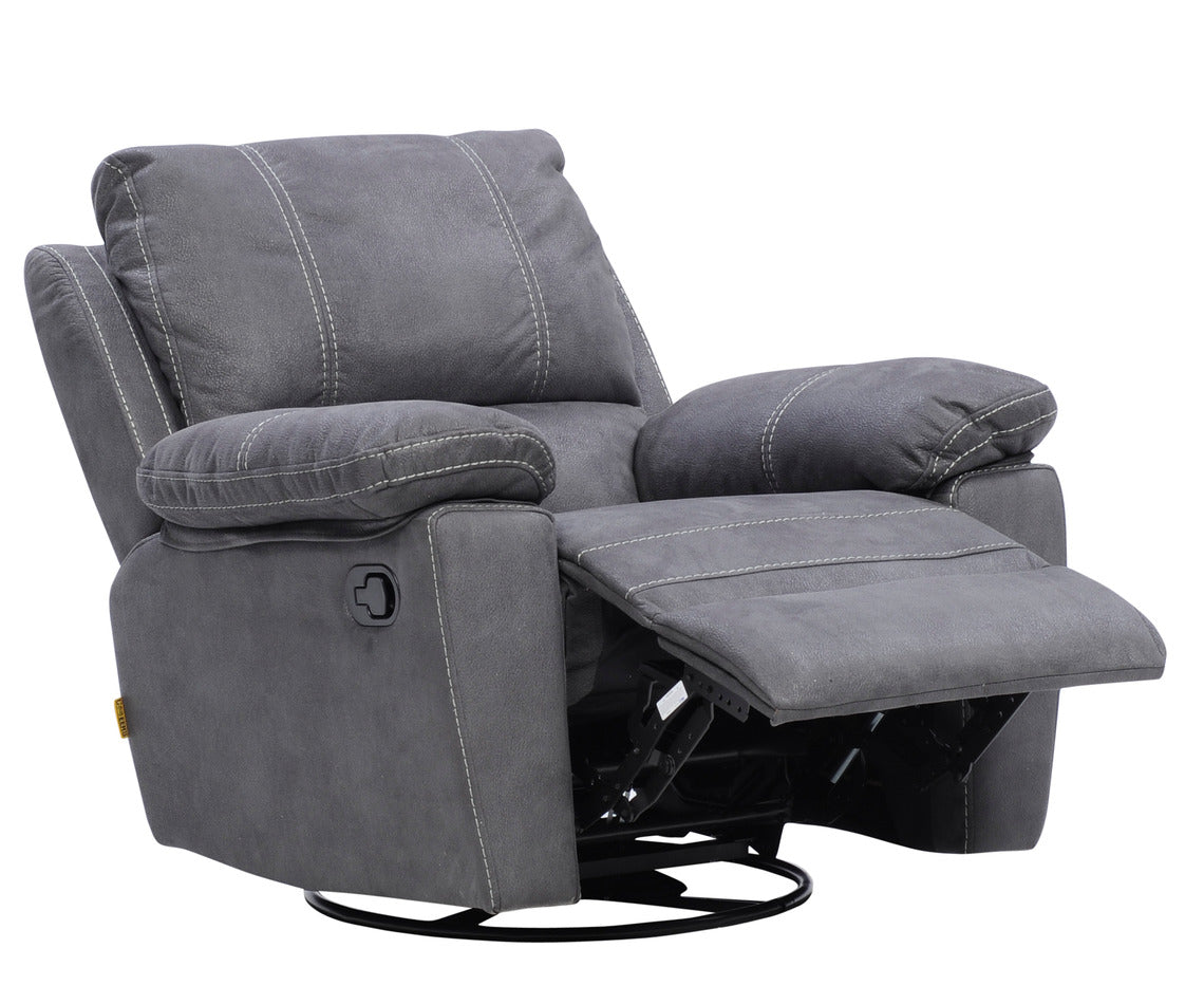 Denver-nojatuolin jalkarahi nousee ylös ja selkänojan saa laskettua taakse. Tässä tuolimallissa on myös pyörintä- ja keinuntamekanismit. Kuvan nojatuolissa on harmaa kangasverhoilu.