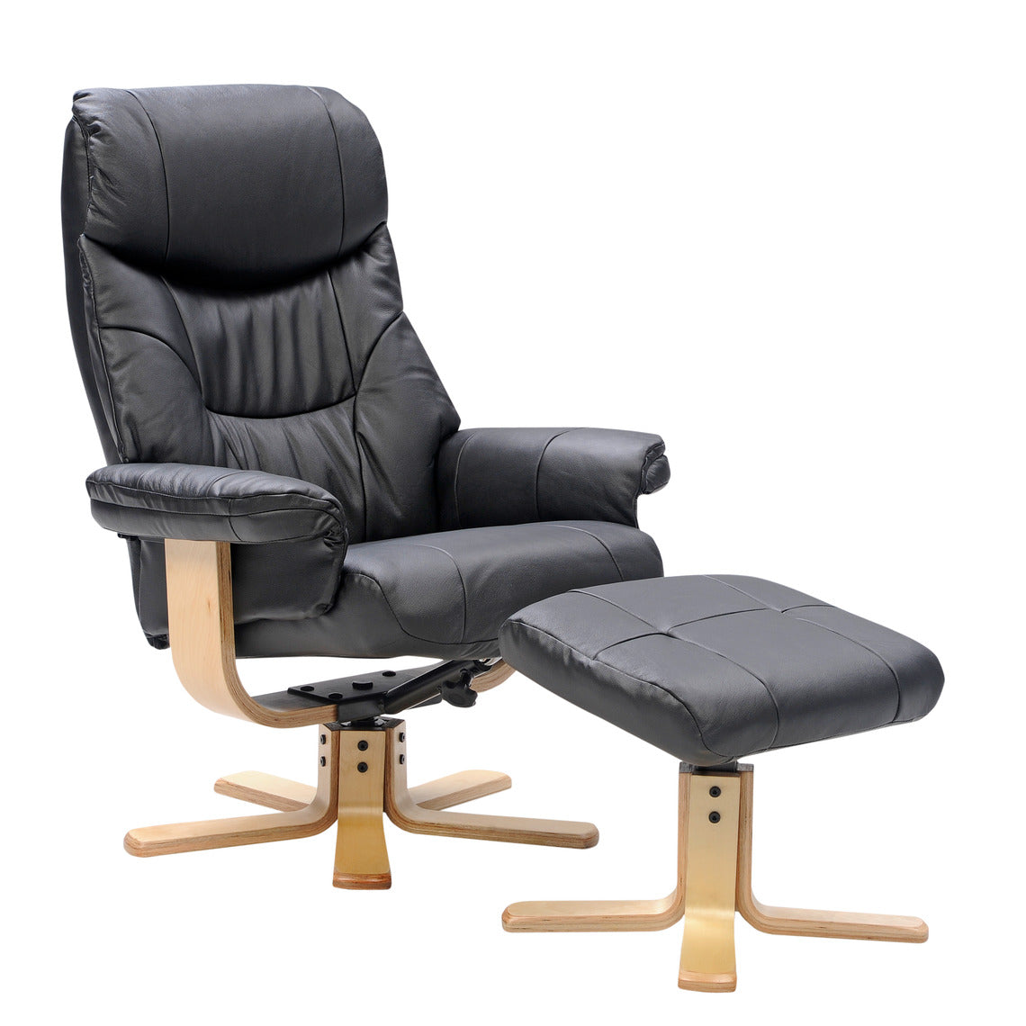 Martti on perinteinen musta tv-tuoli ja rahi luonnonvärisellä massiivipuujalustalla.