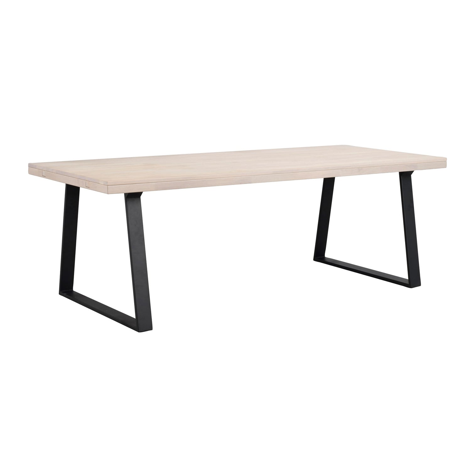 Valkotammenvärinen Brooklyn -ruokapöytä 220 x 95 cm, U-mallisilla mustilla metallijaloilla.