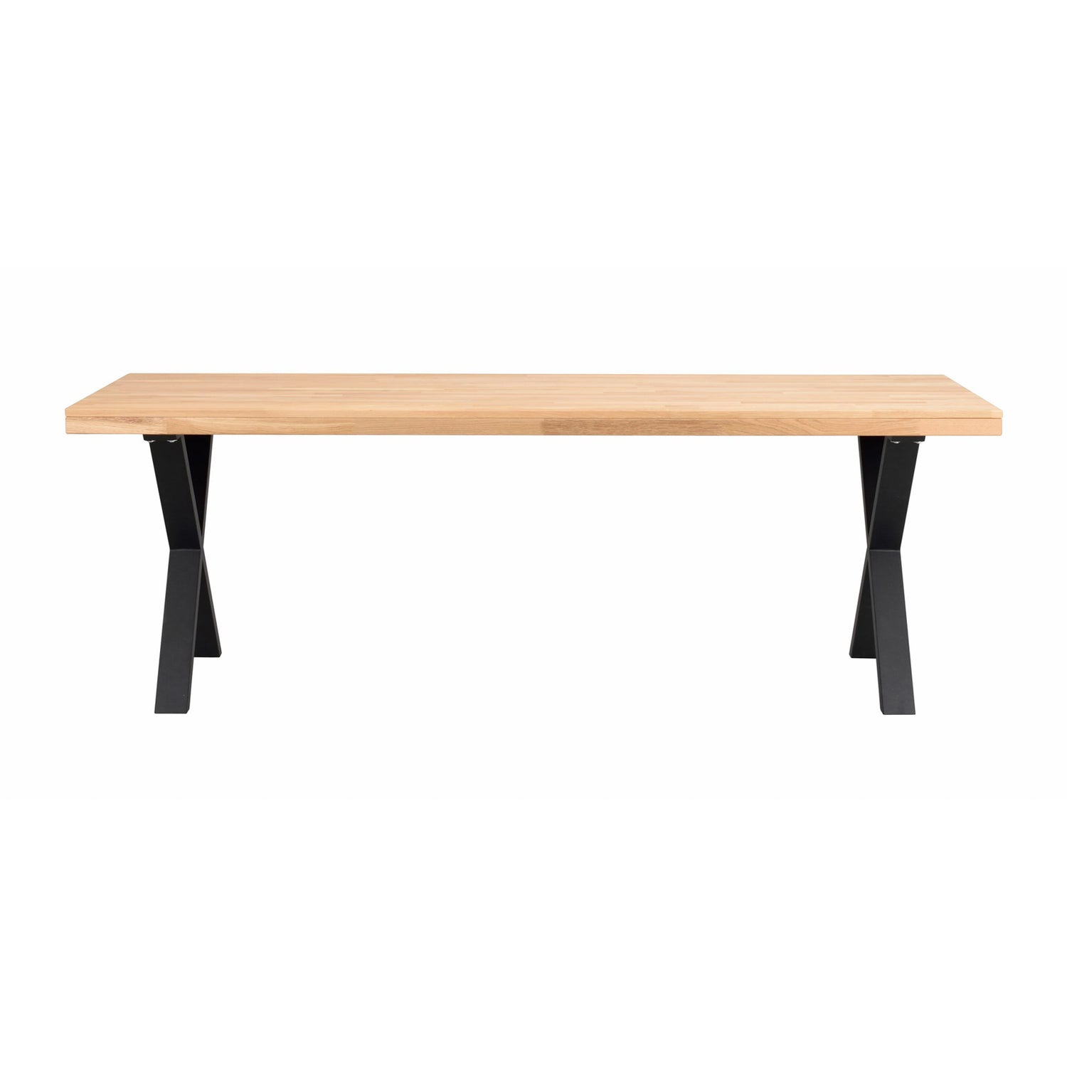 Tammenvärinen Brooklyn -ruokapöytä 220 x 95 cm, X-mallisilla mustilla metallijaloilla.