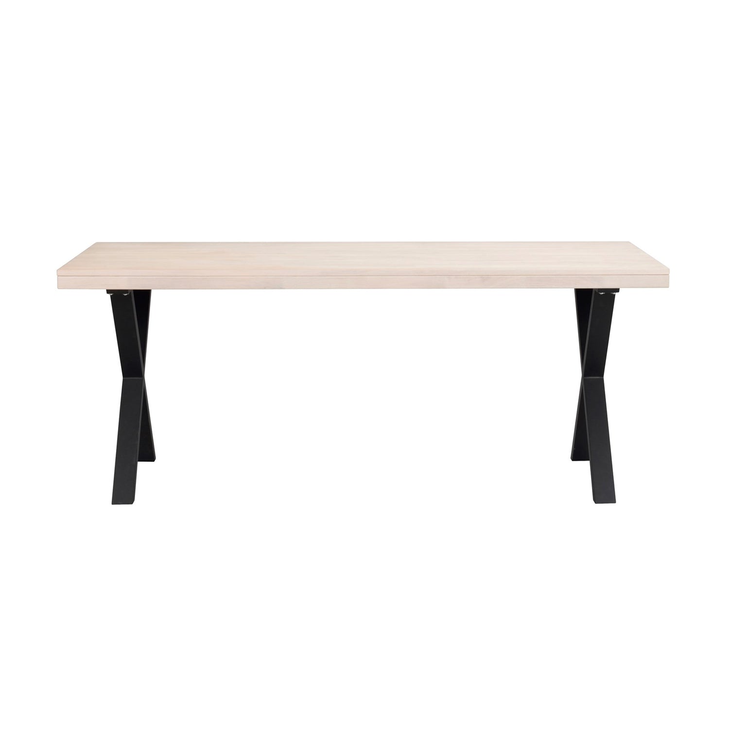 Valkotammenvärinen Brooklyn -ruokapöytä 170 x 95 cm, X-mallisilla mustilla metallijaloilla.