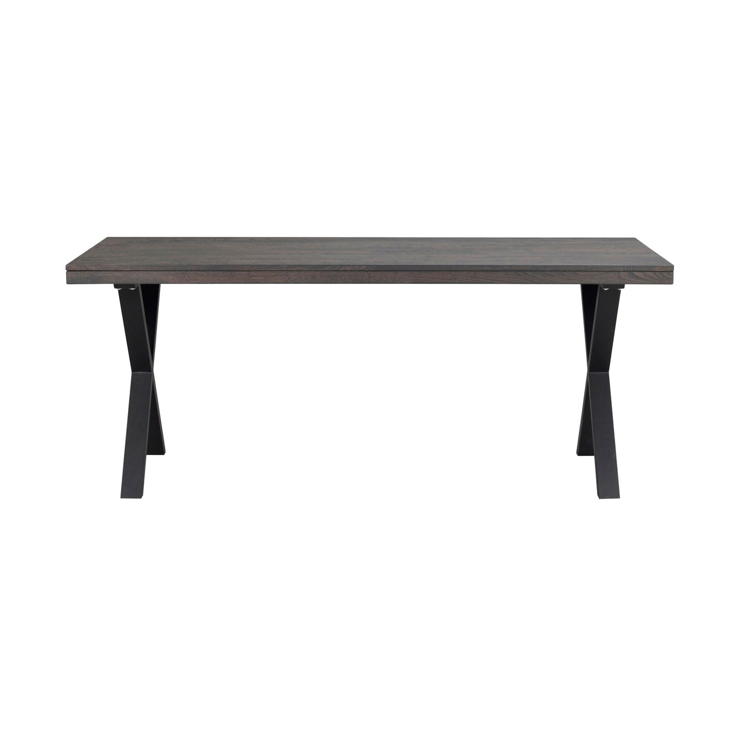 Savutammenvärinen Brooklyn -ruokapöytä 170 x 95 cm, X-mallisilla mustilla metallijaloilla.