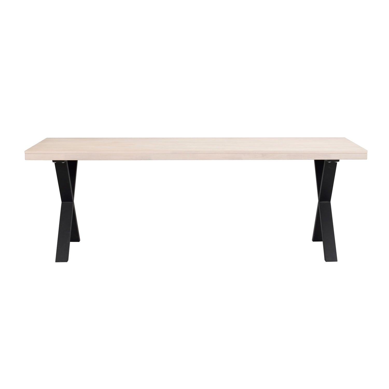 Valkotammenvärinen Brooklyn -ruokapöytä 220 x 95 cm, X-mallisilla mustilla metallijaloilla.
