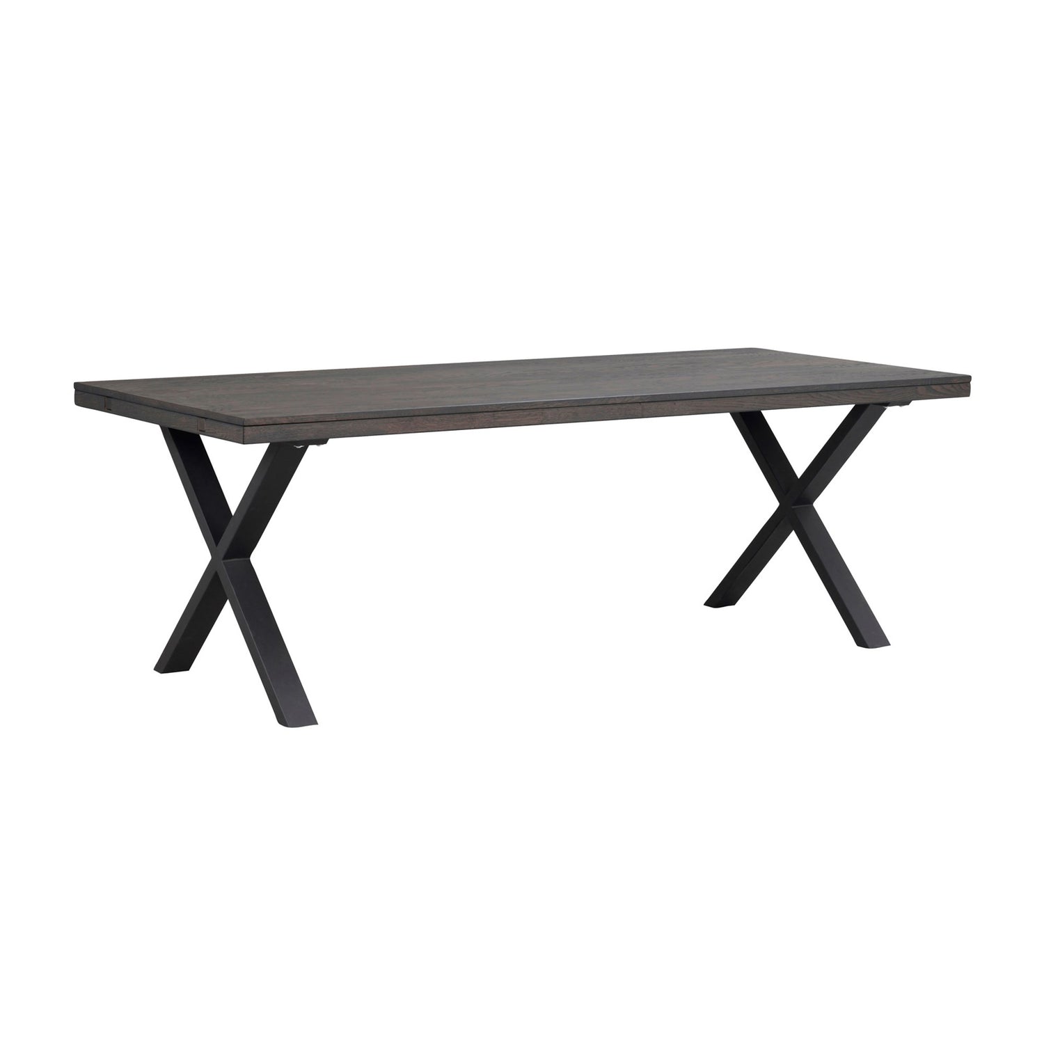 Savutammenvärinen Brooklyn -ruokapöytä 220 x 95 cm, X-mallisilla mustilla metallijaloilla.
