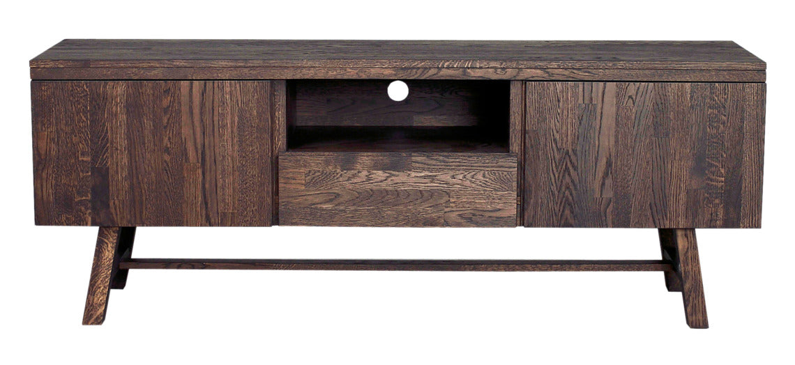 Tummissa Brooklyn kalusteissa on harjattu pinta ja viimeistelynä sävytelakka. Kuvan tv-tason väri on savutammi.